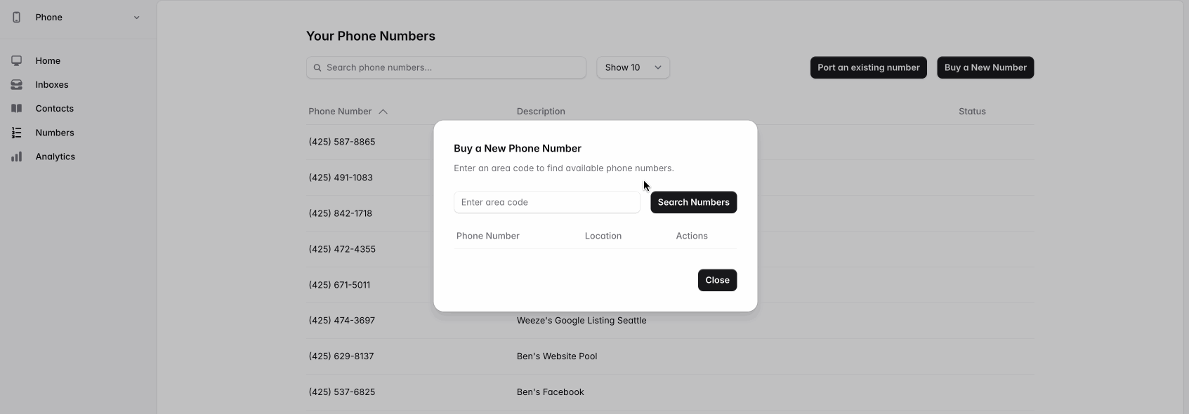 Buying a phone number on the web app