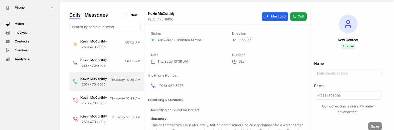 Handling inbound call on web