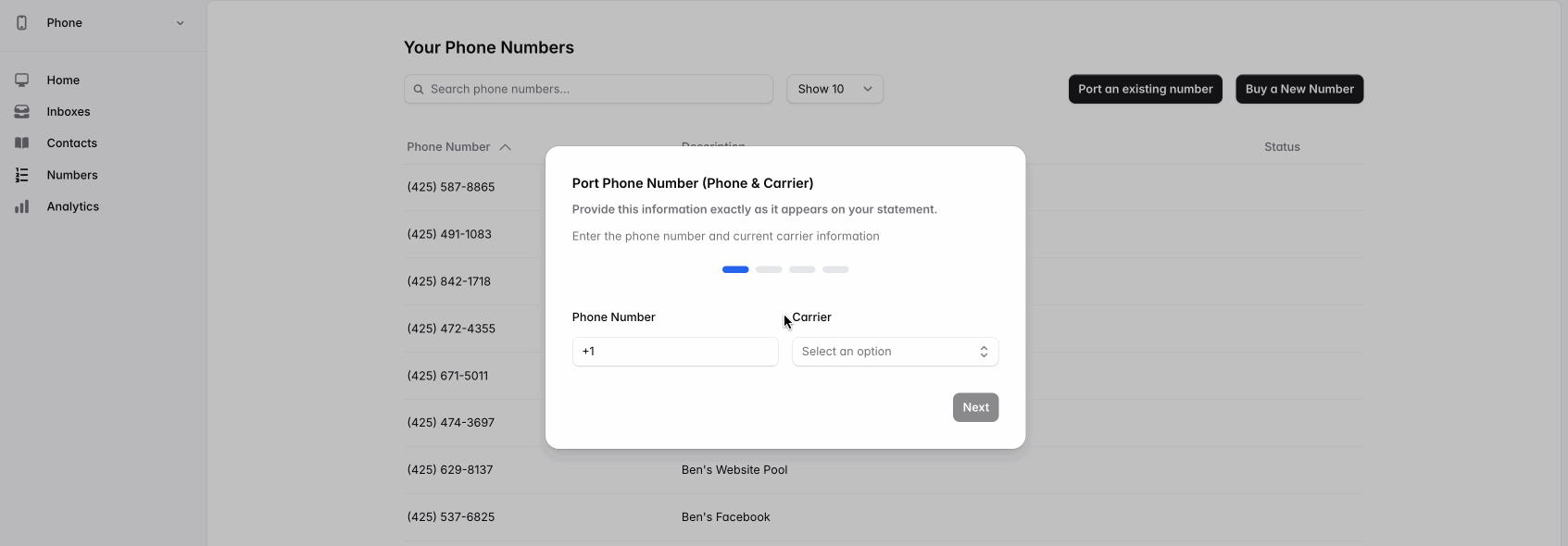 Buying a phone number on the web app
