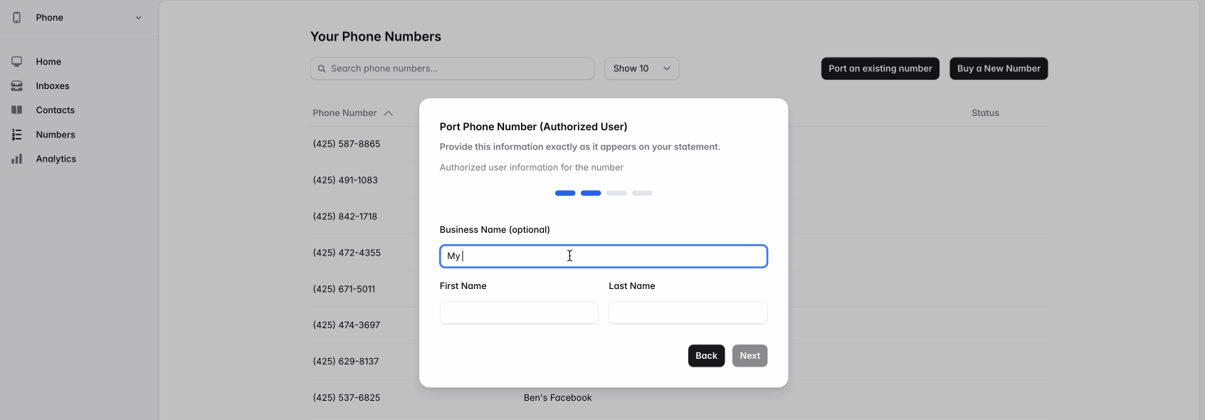Buying a phone number on the web app