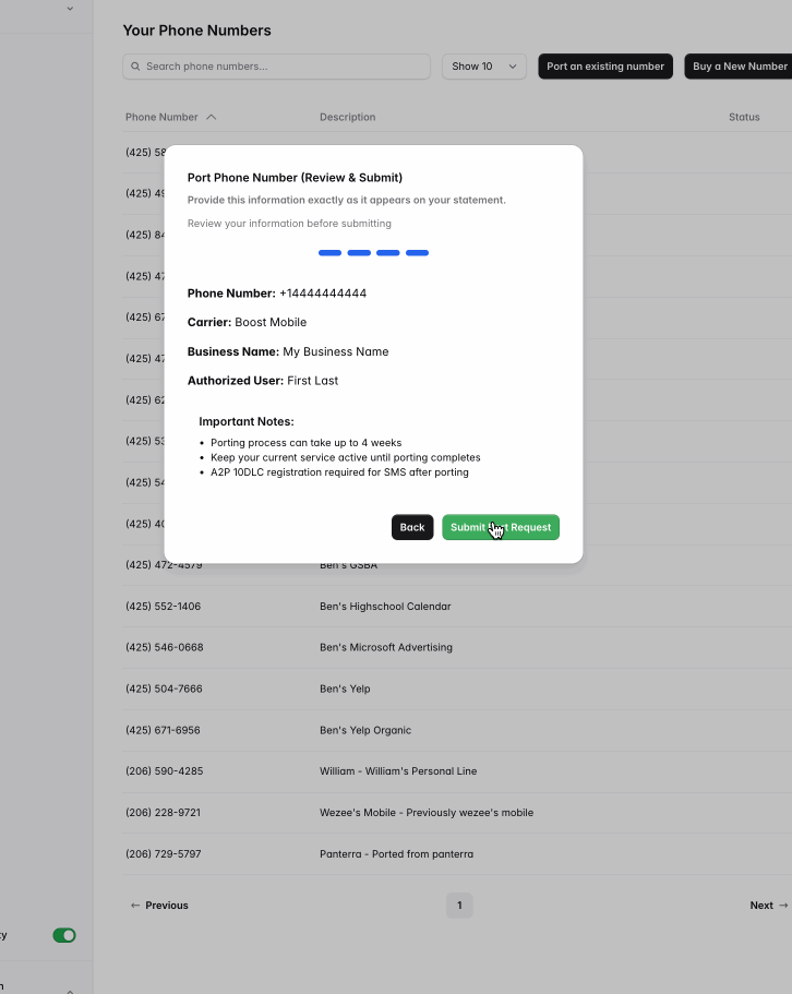 Buying a phone number on the web app