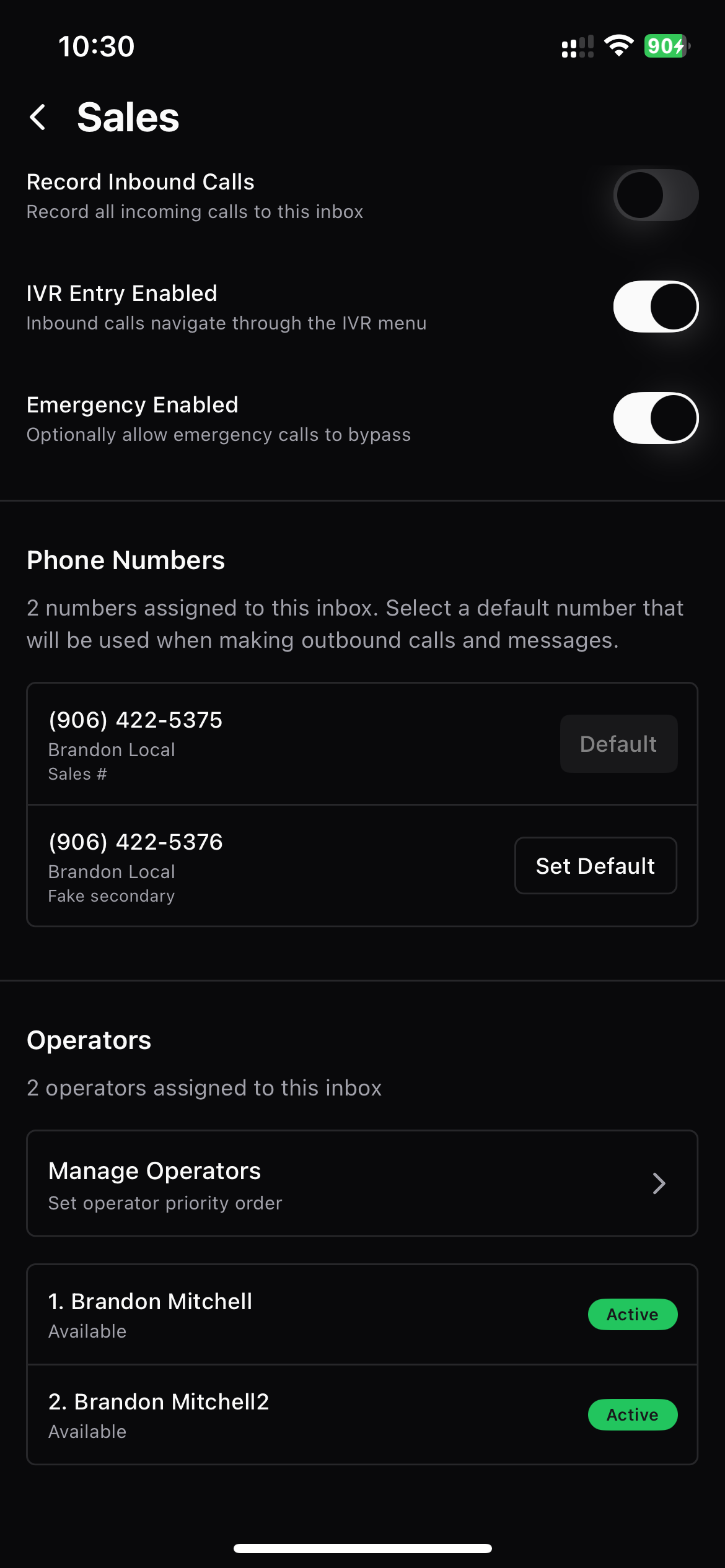 Manage Default Numbers